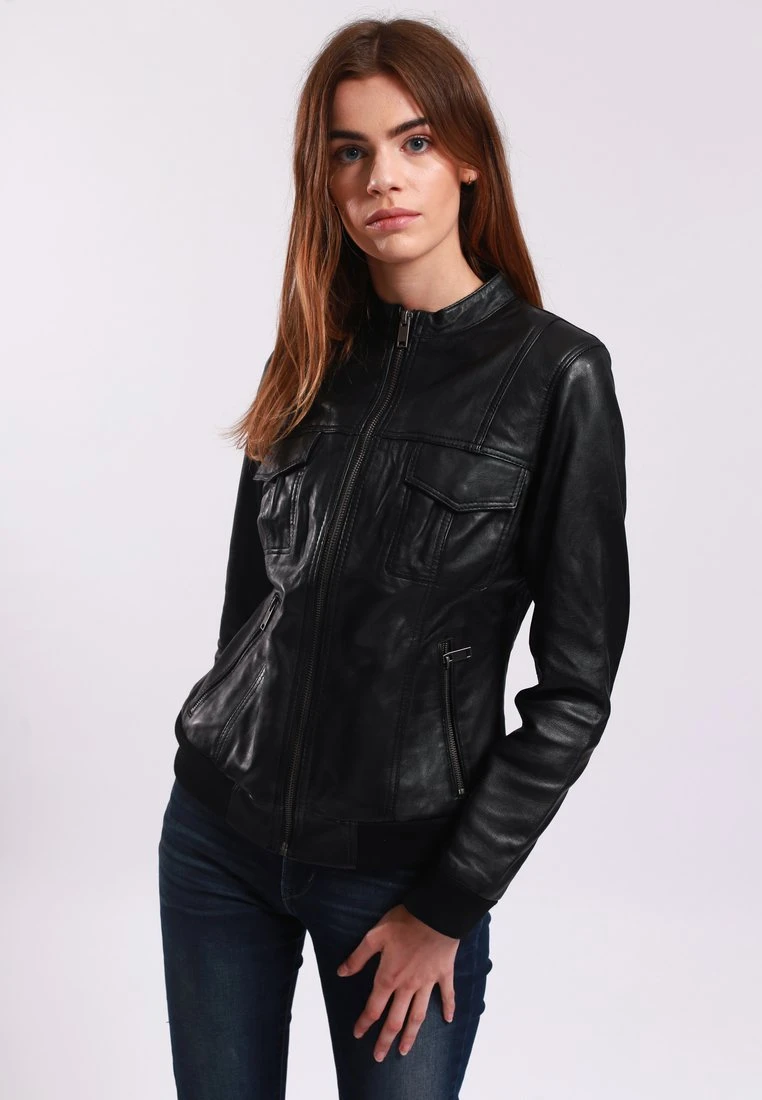 Lee Cooper Leather Jacket With Round Collar - 2 Zipped Side Pockets - - Leren Jas - Black 1 Lee Cooper Leather Jacket With Round Collar - 2 Zipped Side Pockets - - Leren Jas - Black