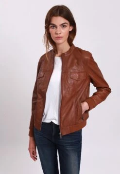 Lee Cooper Leather Jacket With Round Collar - 2 Zipped Side Pockets - - Leren Jas - Cognac
