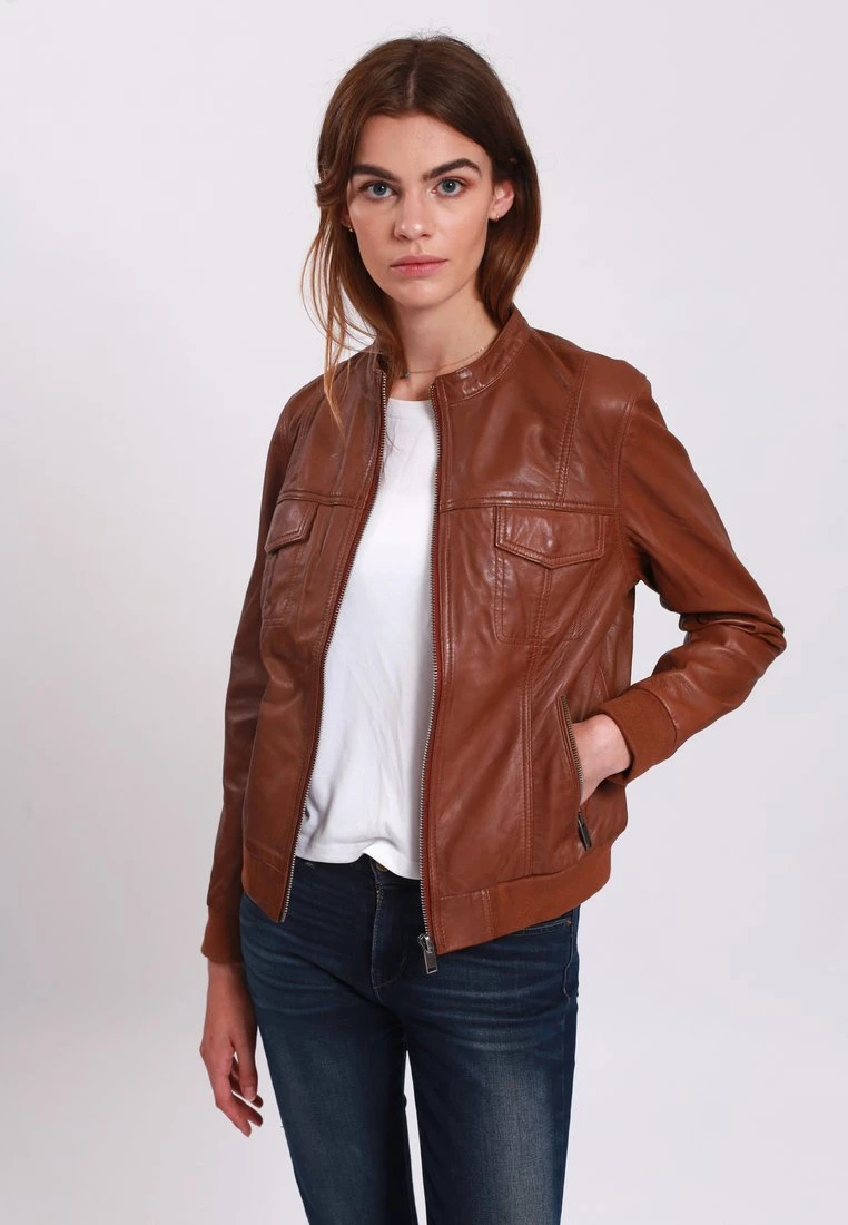 Lee Cooper Leather Jacket With Round Collar - 2 Zipped Side Pockets - - Leren Jas - Cognac 1 Lee Cooper Leather Jacket With Round Collar - 2 Zipped Side Pockets - - Leren Jas - Cognac