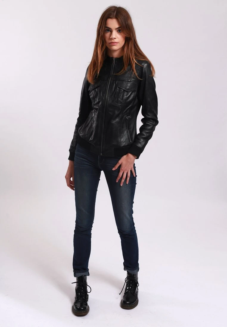 Lee Cooper Leather Jacket With Round Collar - 2 Zipped Side Pockets - - Leren Jas - Black 2 Lee Cooper Leather Jacket With Round Collar - 2 Zipped Side Pockets - - Leren Jas - Black - Afbeelding 2
