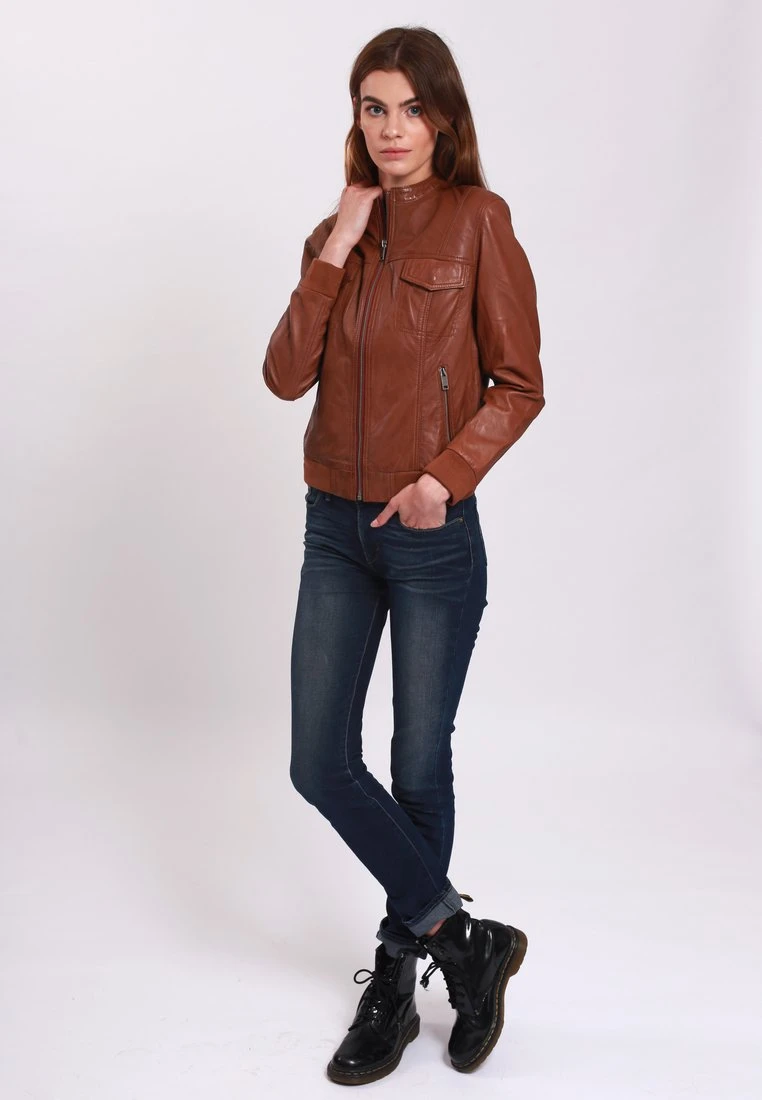 Lee Cooper Leather Jacket With Round Collar - 2 Zipped Side Pockets - - Leren Jas - Cognac 2 Lee Cooper Leather Jacket With Round Collar - 2 Zipped Side Pockets - - Leren Jas - Cognac - Afbeelding 2